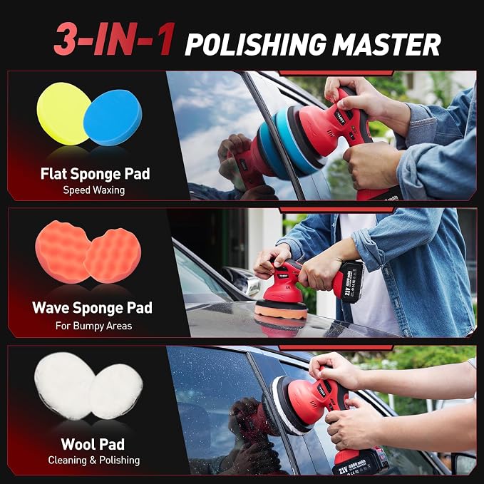 6 Inch Cordless Car Buffer Polisher: 2x4000mAh Batteries Car Buffer, Car Waxer Kit with 8 mm Orbit Block & 6 Speed Control (2500-6000 RPM) - for Car/Boat Detailing, Scratch Removal and Waxing