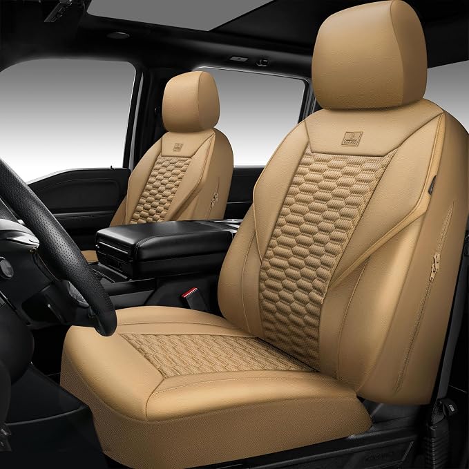 CAR PASS 3D Foam PU Leather Car Seat Covers Front Seats,Tan Faux Leather Front Seat Covers for Cars, Universal Fit for SUVs Trucks Vans Sedans Automotive, Armrest Airbag Compatible,Beige
