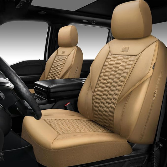 CAR PASS 3D Foam PU Leather Car Seat Covers Front Seats,Tan Faux Leather Front Seat Covers for Cars, Universal Fit for SUVs Trucks Vans Sedans Automotive, Armrest Airbag Compatible,Beige