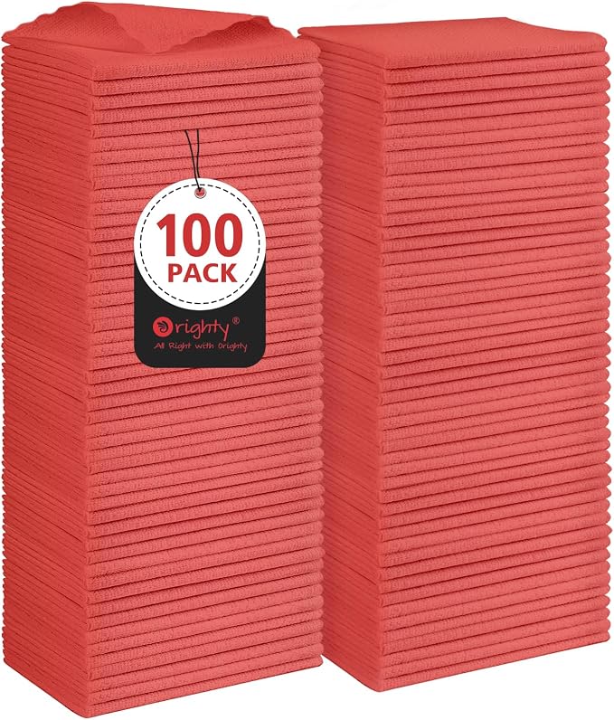 Orighty Cleaning Cloths, Shop Towels 100 Pack, Shop Rags Reusable, Microfiber Cleaning Rags Bulk for Cars, Multi-Purpose Lint Free Towels for Automotive, Mechanic, Kitchen, 11.5’’ x 11.5’’, Red