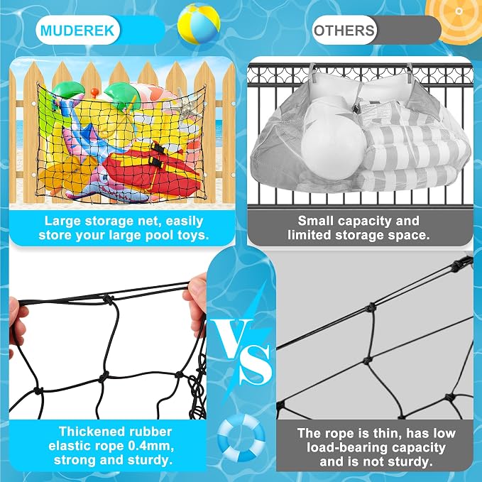 Extra Large Pool Toy Float Storage Net, 95×47'' Heavy Duty Hanging Elastic Mesh Net Organizer with 20 Hooks, 50 Cable Ties, Swimming Poolside Fence Toys Holder for Inflatable Rafts Pool Noodles Balls