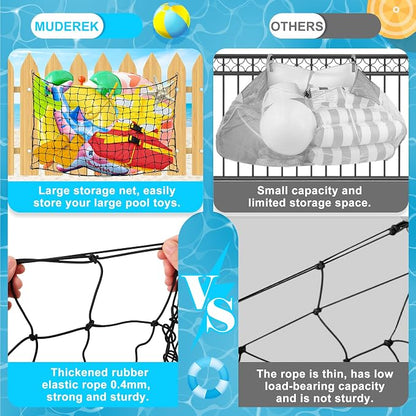 Extra Large Pool Toy Float Storage Net, 95×47'' Heavy Duty Hanging Elastic Mesh Net Organizer with 20 Hooks, 50 Cable Ties, Swimming Poolside Fence Toys Holder for Inflatable Rafts Pool Noodles Balls