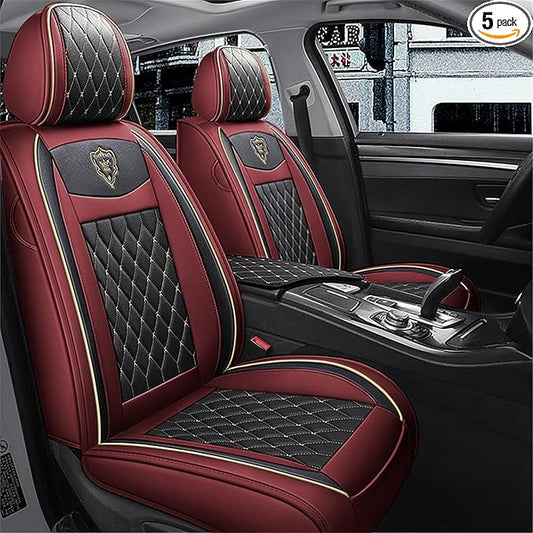 Car Seat Covers Full Set, Super Luxurious Heavy Universal Duty Waterproof Leather Automotive Vehicle Cover for Cars SUV Pick-up Truck, Non-Slip Seat Pink Car Accessories (2 PCS Front/Wine Red)