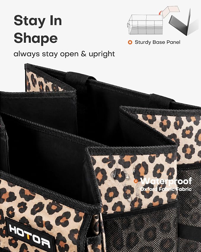 HOTOR Trunk Organizer - Car Organizer, Foldable Trunk organizer for SUVs & Sedans, Sturdy Car Organization for Car Accessories, Tools, Sundries, Brown Leopard, 2 Compartments, 21.3"×12.6"×10.6"