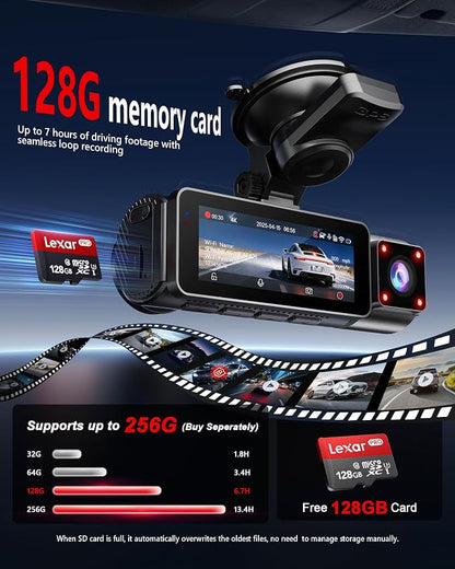 4K+2K+2K 3 Channel Dash Cam Front and Rear, 128GB Card Included, Dash Camera for Cars 5.8G/2.4G Dual Wifi, Built-in GPS, Night Vision, WDR, 170°Wide Angle, G-Sensor Emergency Lock, 24H Parking Monitor