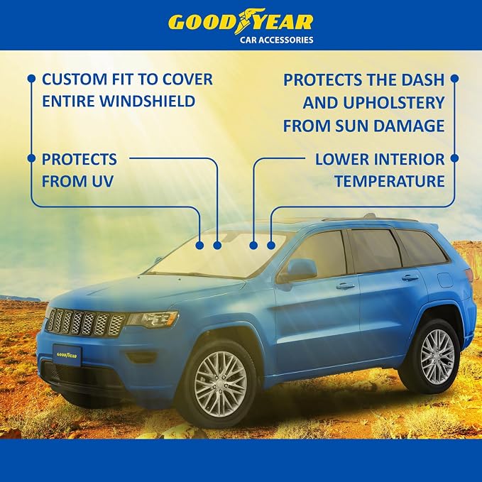 Goodyear Foldable Windshield Sunshade for Jeep Grand Cherokee 2011-2021, SUV car Accessories, Sunshade Cover, Sun Shade Car Windshield, Window Sun Blocker - GY008231