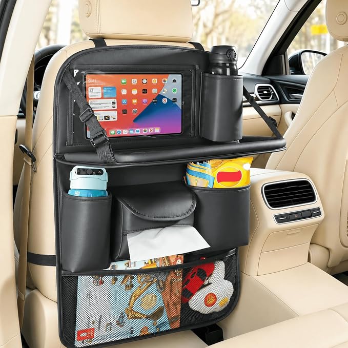 1 Pack Backseat Car Organizer with Foldable Tray Table, PU Leather Seat Back Organizer with Tablet Holder, Large Storage Pockets, Waterproof Kick Mat & Seat Back Protector for Cars, SUVs & Minivans