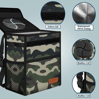 Car Trash Can Leak Proof Car Trash Bag Waterproof Car Garbage Can with Lid for SUV Front Seat Multipurpose Car Hanging for Headrest Collapsible and Portable with Storage Mesh Pocket– Camouflage