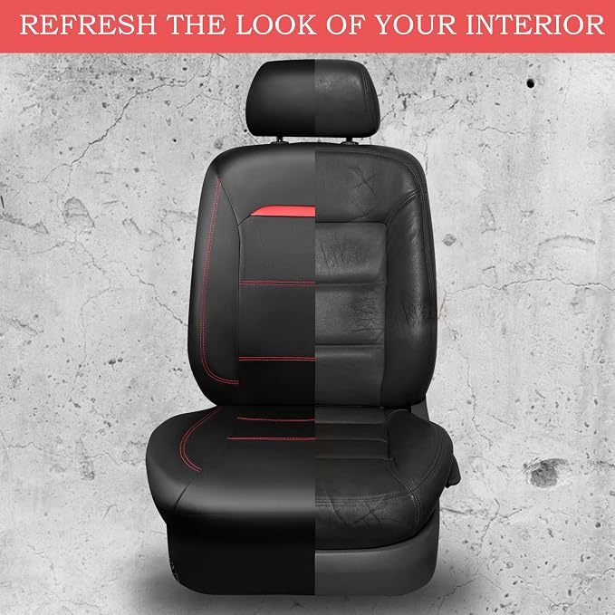 CAR PASS Leather Car Seat Cover Full Set with Steering Wheel Cover and 2PCS Seat Belt Shoulder Pads,for Trucks and SUV with Built-in Seatbelts and Front Seat Side Armrests(Combo Set, Black and Red)