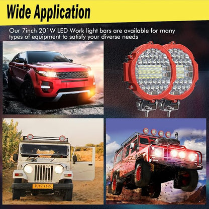 7 Inch Round LED Light Bar Offroad, 201W 15000LM Off Road Driving Work Light Pod, Tractor ATV UTV Cart 4x4 LED Off-Roading Light Pod Fog Trucks Flood Beam Lights (201W 2PC-Red with Wiring)