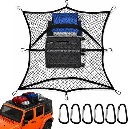 Cargo Net for Pickup Truck Bed-4'x4' Stretch to 7'x7' Highly Elastic Cargo Net,Simple Truck Bed Cargo Mesh Organizer with 6 Adjustable Buckle Straps for Trailer, Ford, Chevrolet(Double Layer)
