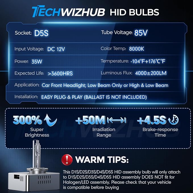 D5S HID Bulbs, 35W Super Brighter HID Headlight Bulb 8000K White Blue High Low Beam Xenon Replacement Light w/Integrated Ballast - Pack of 2