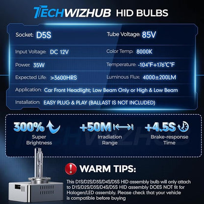 D5S HID Bulbs, 35W Super Brighter HID Headlight Bulb 8000K White Blue High Low Beam Xenon Replacement Light w/Integrated Ballast - Pack of 2