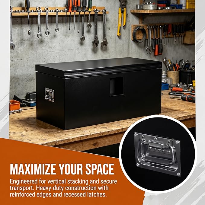 Heavy Duty Black Steel Truck Bed Tool Box, Trailer Tongue Storage Chest with Weatherproof Seal & Pneumatic Hinge for Pickup, RV, Utility Vehicles - 24 x 15 x 15