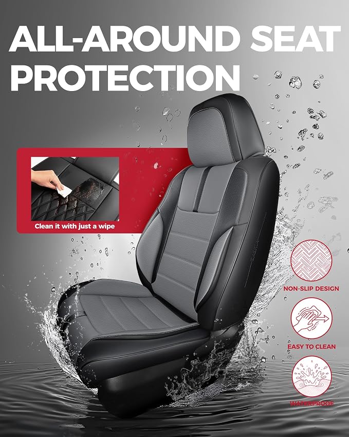 FREESOO Universal Front Seat Covers, Waterproof Faux Leather Automotive Seat Covers with Carbon Fiber Texture Seat Belt Pads, Anti-Slip Airbag Compatible Car Seat Protectors for Cars SUVs Trucks
