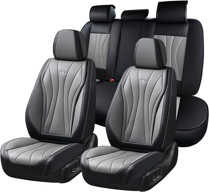 Coverado Seat Covers Full Set, Leather Car Seat Covers, Waterproof Seat Covers for Cars, Front and Back Seat Covers, Car Seat Protectors Car Seat Cushions Universal Fit for Most Cars, Black&Gray