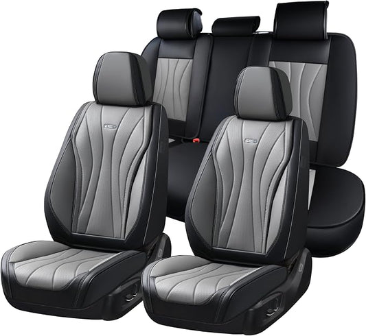 Coverado Seat Covers Full Set, Leather Car Seat Covers, Waterproof Seat Covers for Cars, Front and Back Seat Covers, Car Seat Protectors Car Seat Cushions Universal Fit for Most Cars, Black&Gray