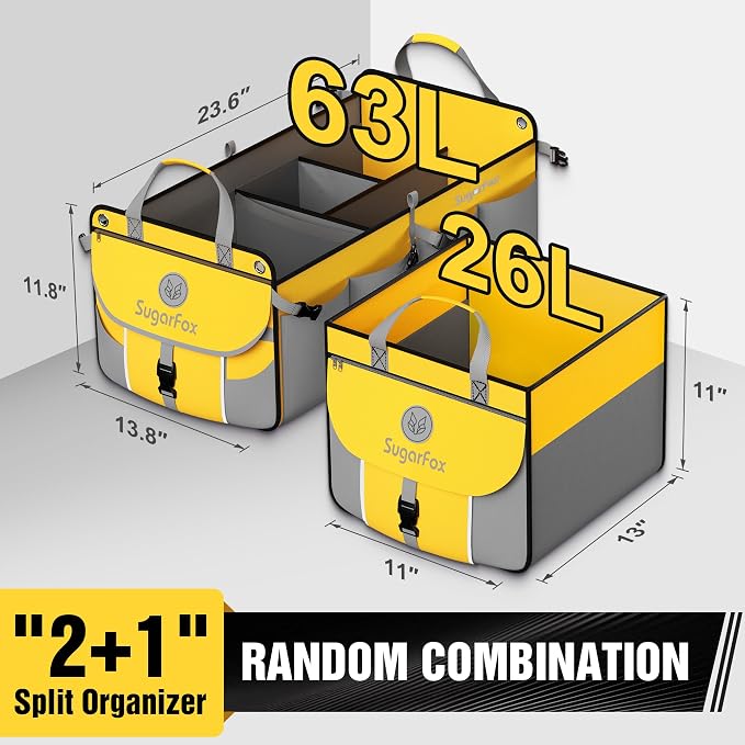 SugarFox Car Trunk Organizer for SUV - 63L+26L Modular Storage, Heavy-Duty, Foldable Waterproof, Soft & Hard Covers, Non-Slip, Multi-Compartment, Yellow M006