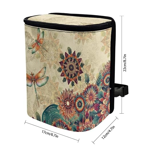 Talayituse Vintage Boho Mandala Dragonfly Print Car Trash Bin, Large Size Auto Trash Can Adjustable Portable Garbage Can with Lid, Vehicle Hanging Bag for Headrest Front Back Seat
