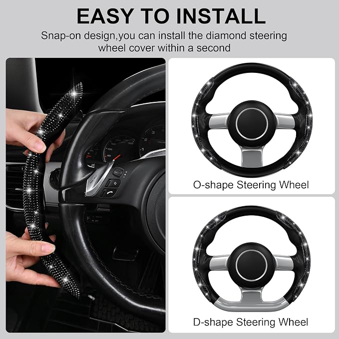 CAR PASS 2PCS Bling Diamond Segmented Steering Wheel Cover with Crystal Rhinestones, Wheel Protector Non-Slip Cute Car Accessories Universal Fit D-Shape O-Shape 14.5" to 16" for Women, Black Diamond