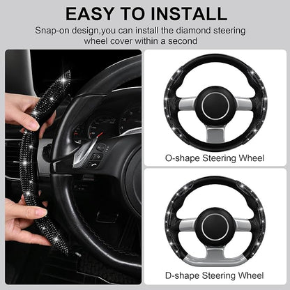 CAR PASS 2PCS Bling Diamond Segmented Steering Wheel Cover with Crystal Rhinestones, Wheel Protector Non-Slip Cute Car Accessories Universal Fit D-Shape O-Shape 14.5" to 16" for Women, Black Diamond