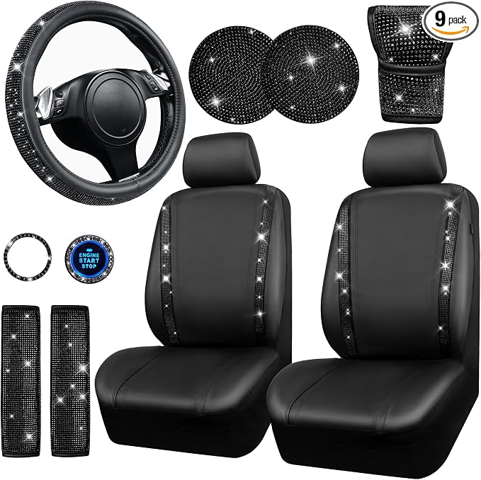 CAR PASS Bling Diamond Leather Car Seat Covers 11 PCS, Sparkly Rhinestone Steering Wheel Cover Glitter Cute Interior Car Accessories Sets Seat Belt Cushion Cup Holder Coaster Women Girl, Black Diamond