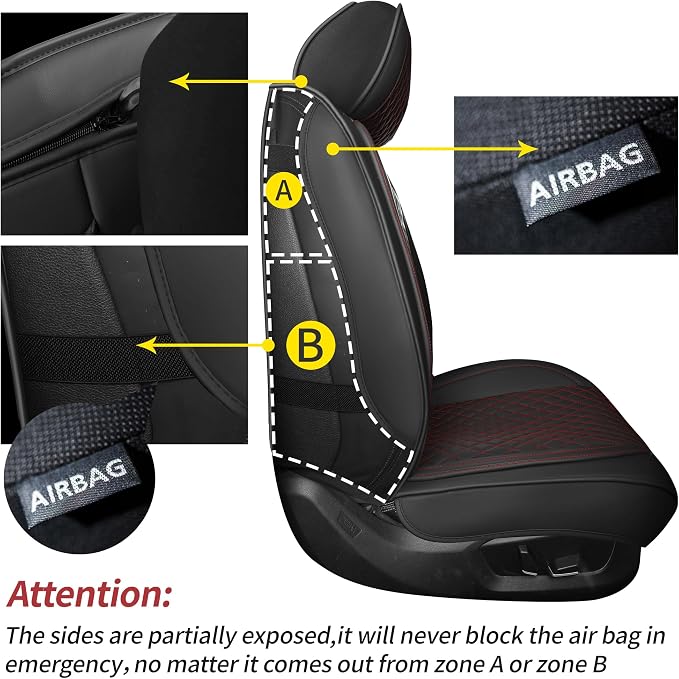 Grand Car Seat Covers Full Set,Universal Precision Fit 3D Contoured Automotive Nappa Leather Seat Covers for SUV Truck Sedan,Anti-Slip Seat Cover with Lumbar Support Style2 Black Red Line
