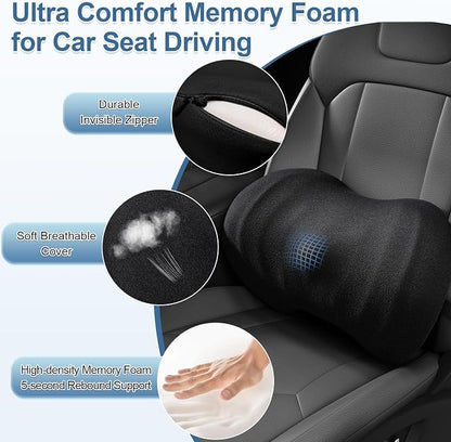 BYMECOST Lumbar Support Pillow for Car, Ergonomic Back Cushion with Strap, Memory Foam Lower Back Support Cushion for Driving, Lumbar Pillow for Pain Relief, for Office Chair, Long Sitting (Black)