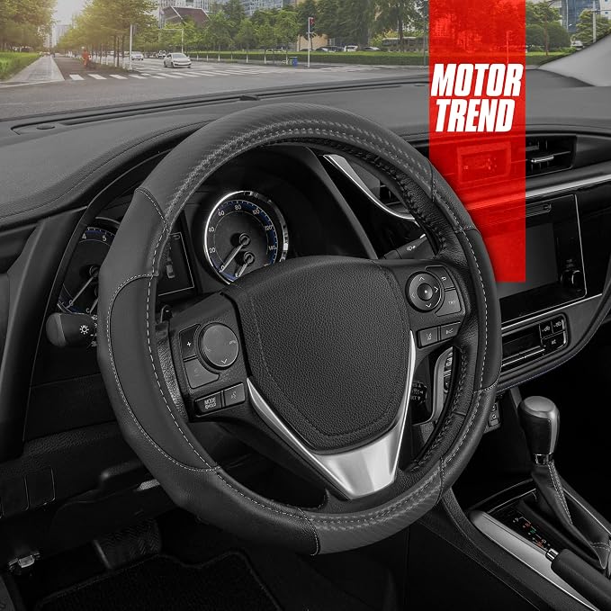 Motor Trend GripDrive Gray Carbon Fiber Steering Wheel Cover, Standard 15 inch Size, Black Faux Leather Comfort Grip, Car Steering Wheel Cover for Auto Truck Van SUV