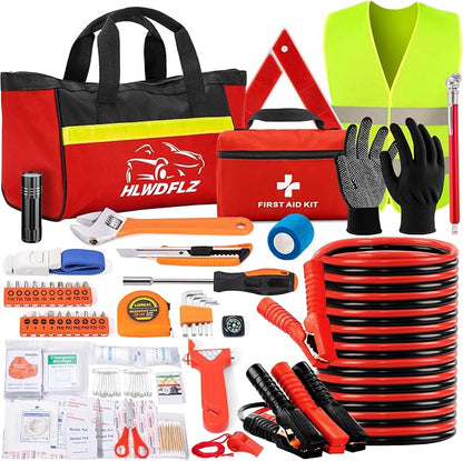 Car Roadside Safety Kit - 129pcs Black Red Winter Emergency Road Side Assistance Kits Auto Essential Kit for Men, Women, Teen