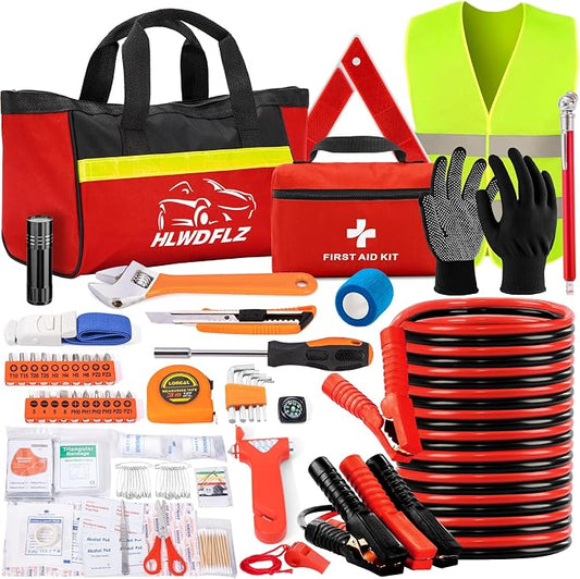 Car Roadside Safety Kit - 129pcs Black Red Winter Emergency Road Side Assistance Kits Auto Essential Kit for Men, Women, Teen