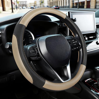 SEG Direct Car Steering Wheel Cover Universal Standard Size 14.5-15 inch, Black and Beige Microfiber Leather