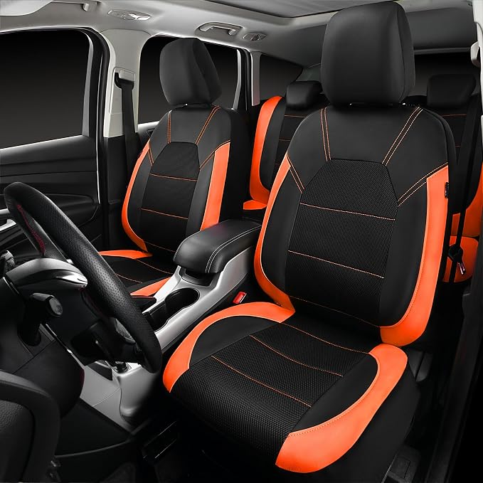 CAR PASS Leather Seat Covers, Breathable Universal Car Seat Cover Full Set for Cute Women Girly,5mm Composite Sponge Inside,Airbag Compatible Fits Most Auto,SUVs,Trucks,Vans(Full Set,Black&Orange)