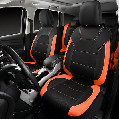 CAR PASS Leather Seat Covers, Breathable Universal Car Seat Cover Full Set for Cute Women Girly,5mm Composite Sponge Inside,Airbag Compatible Fits Most Auto,SUVs,Trucks,Vans(Full Set,Black&Orange)