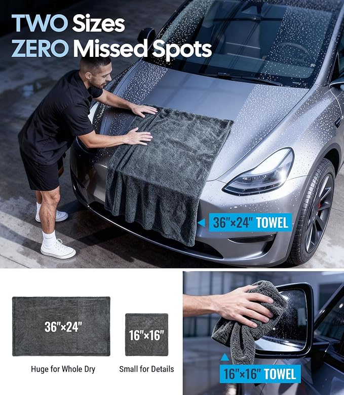 Wigoo Premium Microfiber Car Drying Towel 1300 GSM, 36" x 24" [Ultra-Absorbent, Streak-Free] Dual-Sided Edgeless Cleaning Towels with Twisted Loop, for Auto Detailing, Cars, SUV, Truck (2 Sizes)