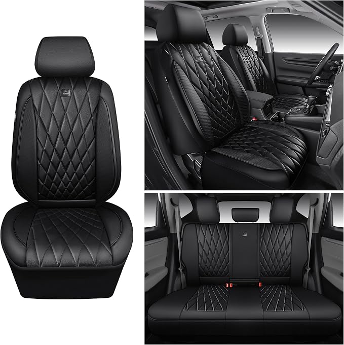 CAR PASS CRV Seat Covers Full Set Custom Fit for Honda CRV HRV 2017-2022, CR-V HR-V Luxury Premium Waterproof Nappa Leather Seat Covers, Anti-Slip Comfortable Airbag Compatible Full Black