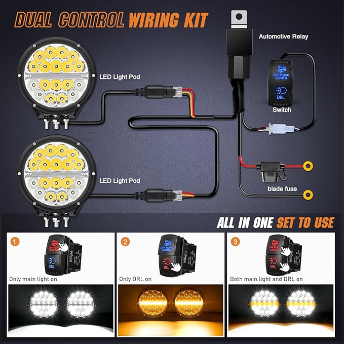Nilight LED Offroad Driving Lights with Amber DRL 2PCS 7 Inch Round 90W IP68 Spot Flood Combo Work Light Bar with 12 AWG DT Connector Wiring Harness Kit for 4x4 Truck ATV UTV SUV