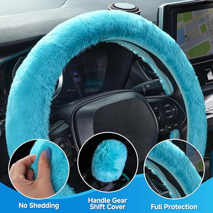 SEG Direct Furry Car Steering Wheel Cover with Gear Shift Cover, Soft and Warm, Cute Fluffy Auto Decor for Women Men, Standard Size, 2 PCS Set, Cyan