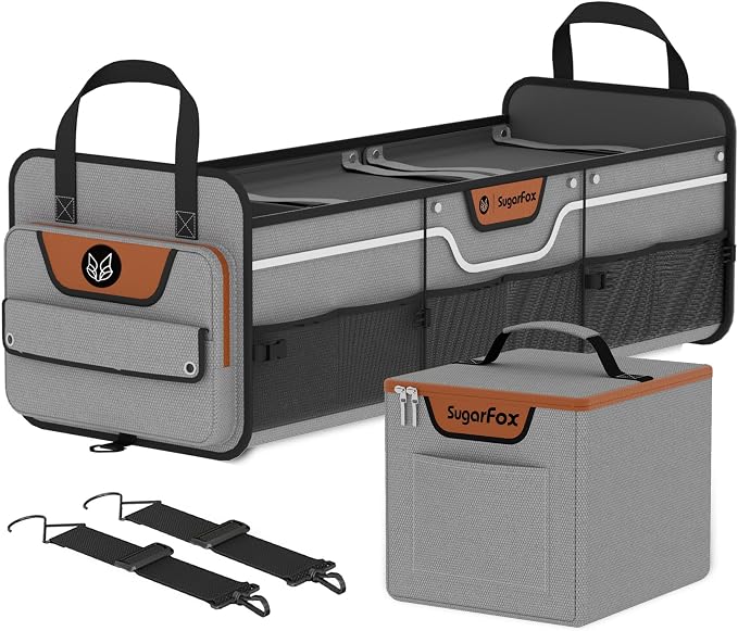 SugarFox Car Trunk Organizer for SUV, Heavy Duty Waterproof Trunk Organizer, Foldable Collapsible Car Organizer with Cooler, Multi-Compartment Large Trunk Organizer (95L), Gray-M003