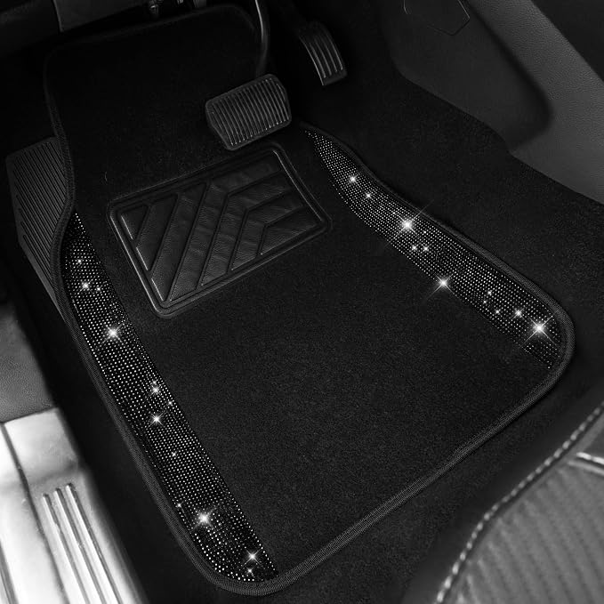 CAR PASS Bling Diamonds Car Seat Covers Front Seats Black Leather Shining Rhinestone Car Floor Mats Carpet with Anti-Slip Nibs Sparkly Glitter Crystal Car Accessories Set Universal for Girl Women