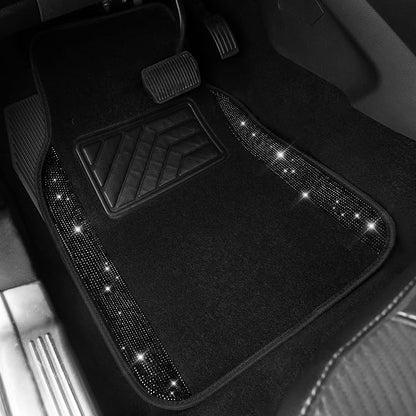 CAR PASS Bling Diamonds Car Seat Covers Front Seats Black Leather Shining Rhinestone Car Floor Mats Carpet with Anti-Slip Nibs Sparkly Glitter Crystal Car Accessories Set Universal for Girl Women