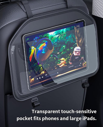 Car Tablet Holder, Backseat Headrest Mount for iPad, Adjustable Seat Organizer with Touch Screen Pocket & Storage Hooks, Fits 7-11 Inch Tablets, Kids Travel Accessory