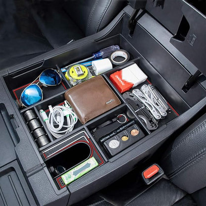 JDMCAR Compatible with Toyota Tundra Accessories 2014-2021 Center Console Organizer, Insert ABS Black Materials Tray, Armrest Secondary Storage Box - Full Tray -Red Trim