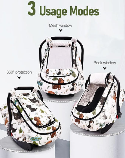 Waterproof Baby Car Seat Cover，YVMVDV Patented Cold Weather Carseat Cover for Babies,Infant Car Seat Cover Canopy for Boy Girls, Keeps Babies Warm and Cozy (Cute Dog)