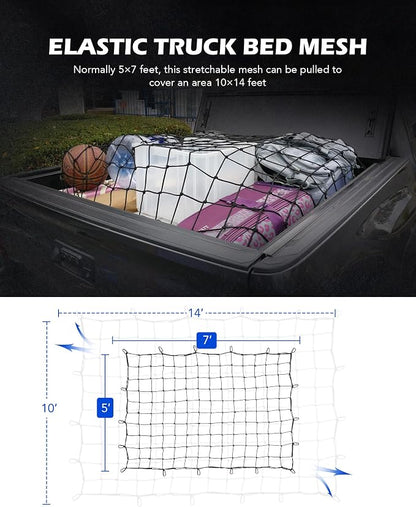 Orion Motor Tech 5'x7' Heavy Duty Cargo Net Stretches to 10'x14' for Pickups SUVs Vans Semis, Bungee Cord Net for Truck Bed Roof Rack Trailer More with Handmade Knotting 18 Carabiners Storage Bag