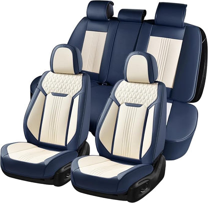Coverado Car Seat Covers Full Set, Luxury Leather Seat Covers for Cars, Front and Back Seat Covers, Waterproof Car Seat Protector Car Seat Cushion Universal Fit Most Cars,Blue&White