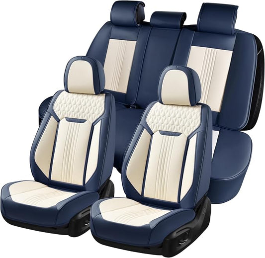 Coverado Car Seat Covers Full Set, Luxury Leather Seat Covers for Cars, Front and Back Seat Covers, Waterproof Car Seat Protector Car Seat Cushion Universal Fit Most Cars,Blue&White
