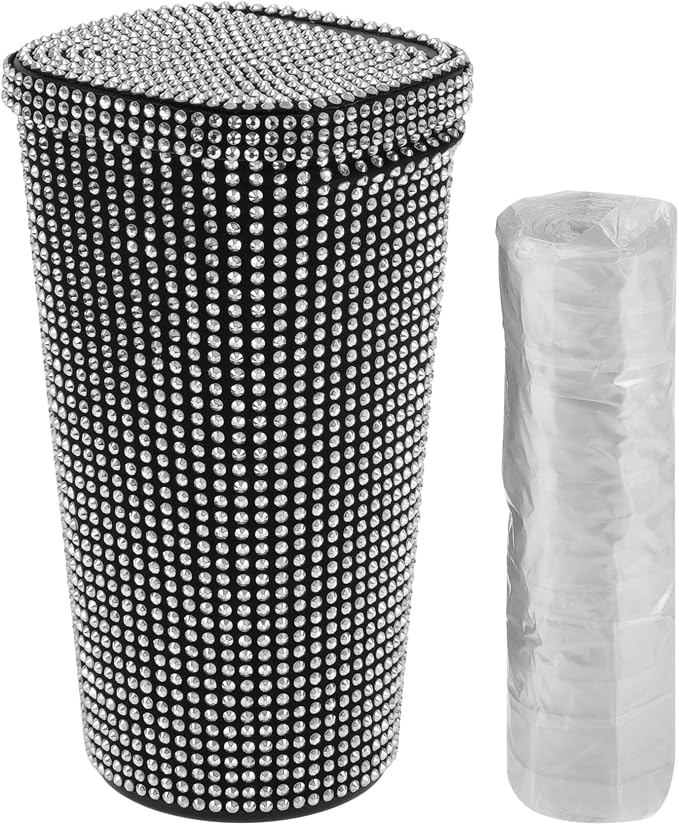 ACROPIX Car Trash Can Trash Bin Rhinestones Portable 3.5" Length 3.5" Width 6.3" Height White Rhinestone Plastic