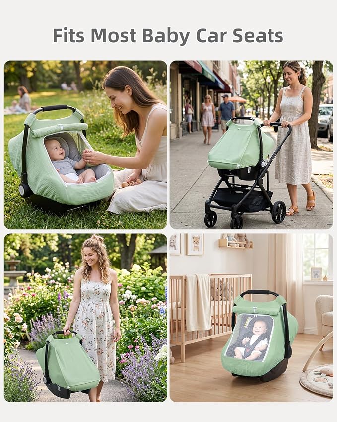 Rquite Car Seat Cover Baby Girl Boy, 100% Muslin Cotton Carseat Covers, Breathable Infant Windproof Canopy with Mesh Window, Stroller Sun Shade for Summer & Hot Day, Sage Green