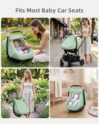 Rquite Car Seat Cover Baby Girl Boy, 100% Muslin Cotton Carseat Covers, Breathable Infant Windproof Canopy with Mesh Window, Stroller Sun Shade for Summer & Hot Day, Sage Green